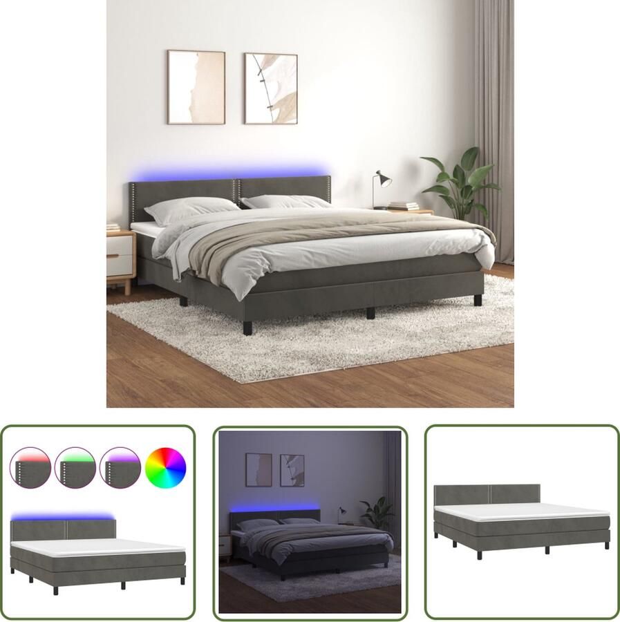 The Living Store Boxspring Bed Donkergrijs Fluweel LED Pocketvering Matras Huidvriendelijk Topmatras Boxspring Bed Donkere Kleuren Velvet Bed Led Lampen Pocketed Spring Mattress