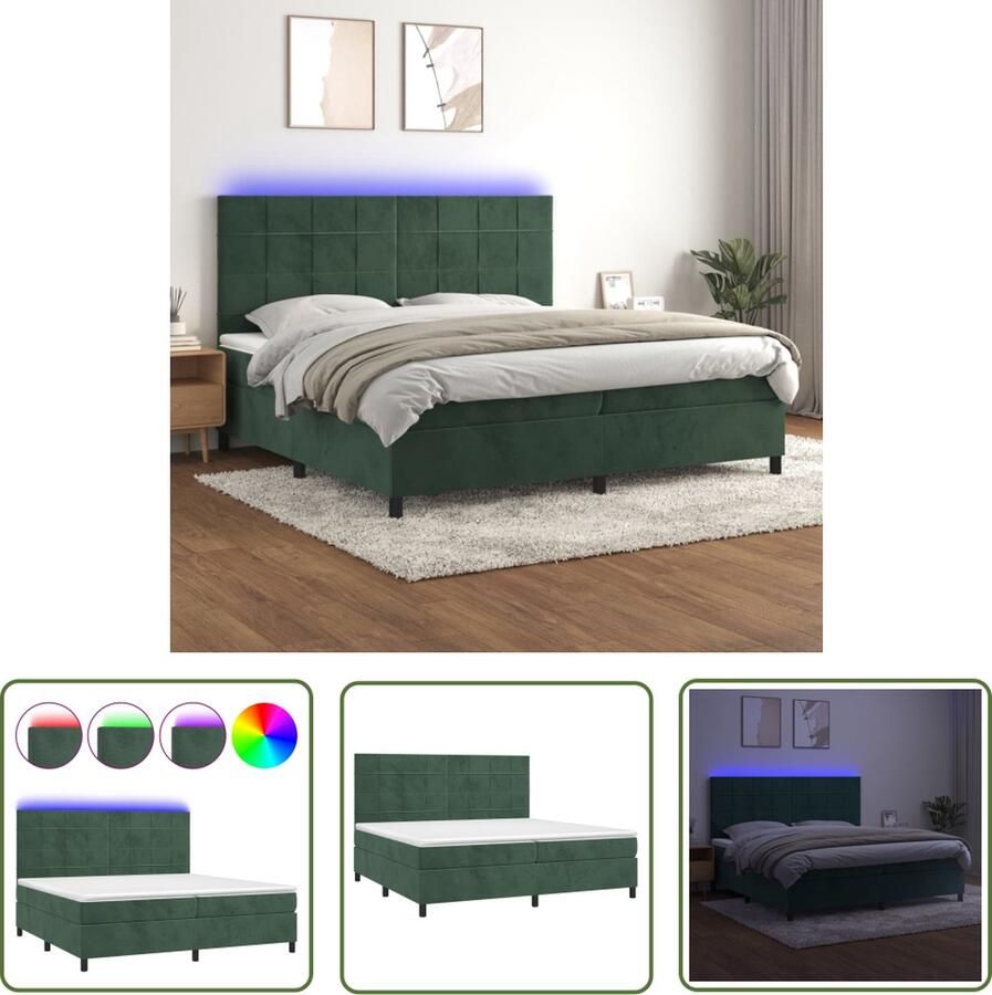The Living Store Boxspring Bed Donkergroen Fluweel 203 x 200 x 118 128 cm Pocketvering en LED Boxspring Bed Donkere Kleuren Velvet Bed Led Lampen Pocketed Spring Mattress