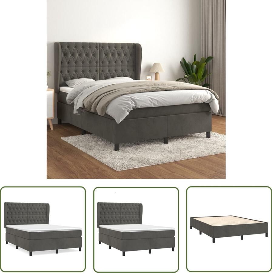 The Living Store Boxspring Bed Donkergrijs Fluweel 203x147x118 128cm + Pocketvering Matras 140x200x20cm + Bedtopmatras 140x200x5cm Boxspring Bed Donkere Kleuren Fluweel Bed Tweepersoons Bed King Size Bed