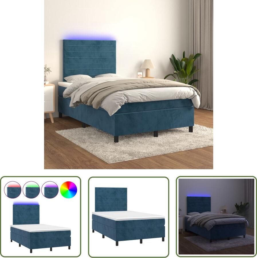 The Living Store Boxspring met matras en LED fluweel donkerblauw 120x200 cm Boxspring Donkere Kleuren Fluweel Led Verlichting Tweepersoonsbed - Foto 2