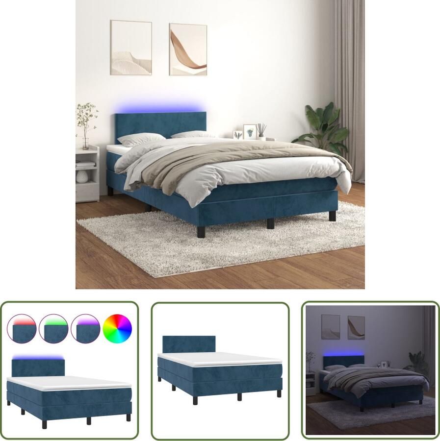 The Living Store Boxspring met matras en LED fluweel donkerblauw 120x200 cm Boxspring Donkere Kleuren Velvet Led Lamp Slaapcomfort