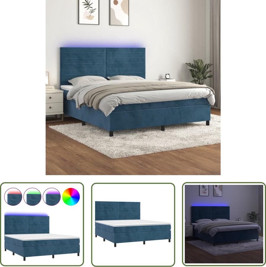 The Living Store Boxspring Donkerblauw fluweel 203 x 160 cm LED matras en hoofdbord-in hoogte verstelbaar Pocketvering matras Huidvriendelijk topmatras Kleurrijke LED-verlichting