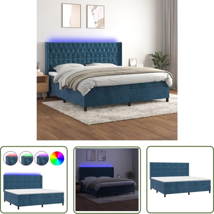 The Living Store Boxspring met matras en LED fluweel donkerblauw 200x200 cm Boxspring Donkere Kleuren Velvet Tweepersoonsbed Elektrisch Hoofdbord