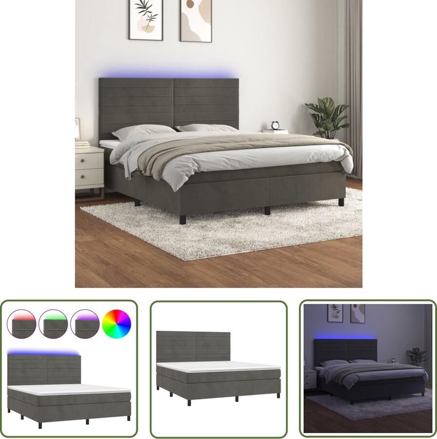 The Living Store Boxspring Donkergrijs Fluweel 203x180x118 128 cm Verstelbaar hoofdbord LED-verlichting Pocketvering matras Huidvriendelijk topmatras Boxspring Donkere Kleuren Velvet Led Verlichting Elektrisch Hoofdbord