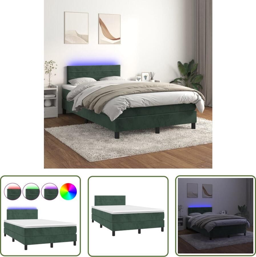 The Living Store Bed Donkergroen Fluweel Pocketvering Matras LED 203x120x78 88cm Boxspring Donkere Kleuren Fluweel Bed Led Lampen King Size Bed