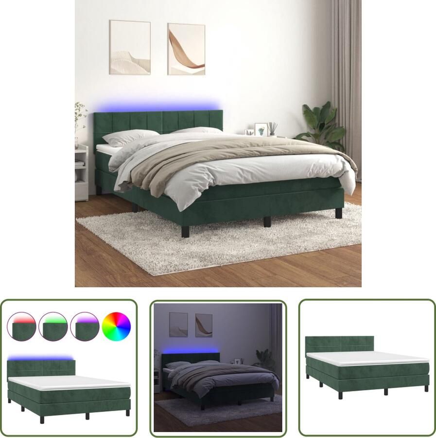 The Living Store Boxspring met matras en LED fluweel donkergroen 140x190 cm Boxspring Donkere Kleuren Led Verlichting Velvet Tweepersoonsbed