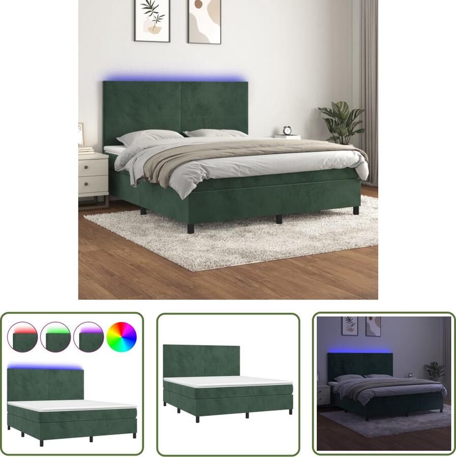 The Living Store Boxspring Donkergroen Fluweel 203 x 160 x 118 128 cm Verstelbaar hoofdbord Kleurrijke LED-verlichting Pocketvering matras Huidvriendelijk topmatras Inclusief montagehandleiding