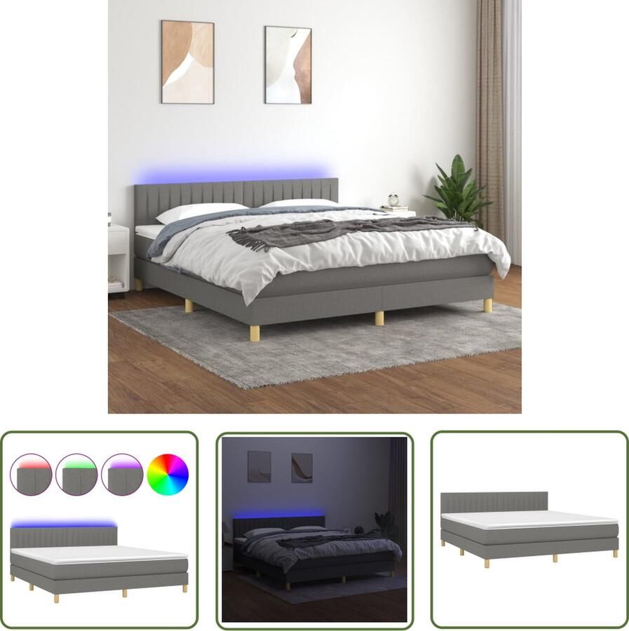 The Living Store Boxspring Donkergrijs 203 x 160 x 78 88 cm Verstelbaar hoofdbord Kleurrijke LED-verlichting Pocketvering matras Huidvriendelijk topmatras 2 LED-strips