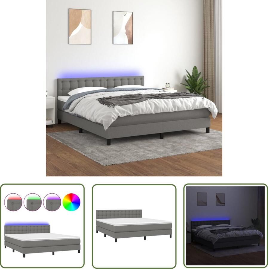 The Living Store Boxspring met matras en LED stof donkergrijs 180x200 cm Boxspring Donkere Kleuren Led Lampen Slaapcomfort Hoofdboard