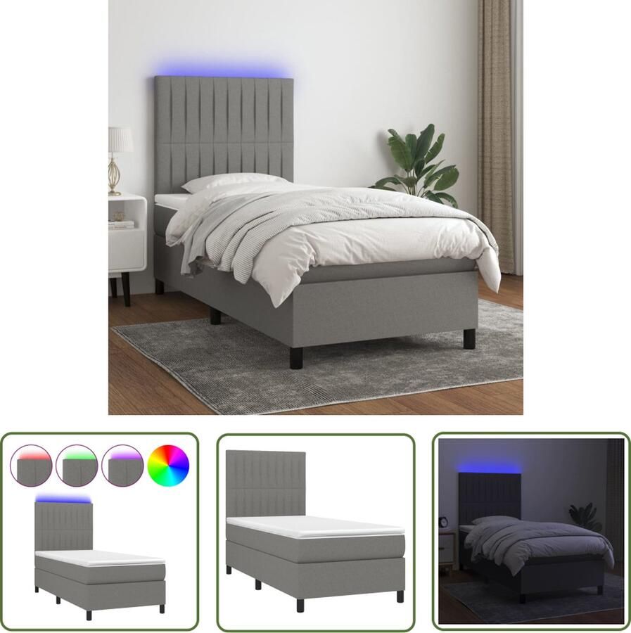 The Living Store Boxspring Donkergrijs 203 x 80 x 118 128 cm Verstelbaar hoofdbord Kleurrijke LED-verlichting Pocketvering matras Huidvriendelijk topmatras Inclusief montagehandleiding Met USB-aansluiting