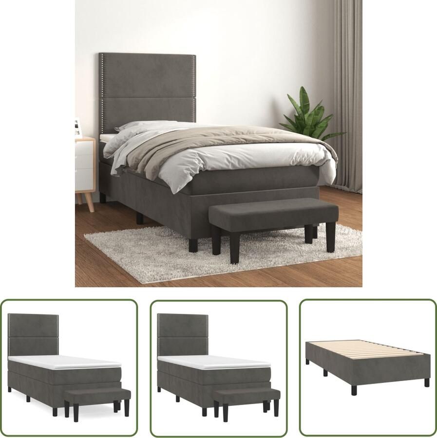 The Living Store Bedframe Donkergrijs 203x90x118 128 cm Fluweel Pocketvering Middelharde ondersteuning Boxspring Donkere Kleuren Velvet Bed Tweepersoonsbed Pocketed Spring Mattress