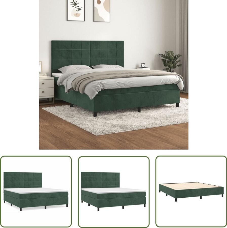 VidaXL Boxspring Fluweel Donkergroen 160x200 cm Boxspringbed Tweepersoons Bed Donkere Kleuren Fluweel Bed Verstelbaar Hoofdbord