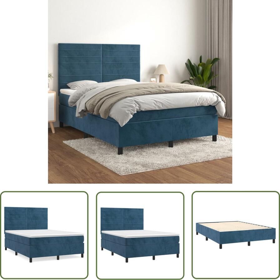 The Living Store Boxspringbed Donkerblauw fluweel Pocketvering Middelharde ondersteuning Huidvriendelijk Boxspringbed Donkere Kleuren Velvet Bed Boxspring Frame Tweepersoons Bed