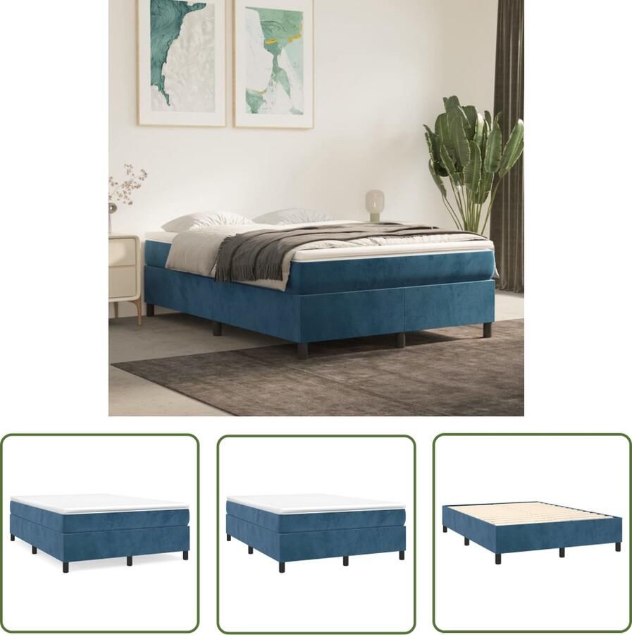 The Living Store Boxspringbed Donkerblauw 193 x 140 x 35 cm Zacht fluweel Pocketvering matras Middelharde ondersteuning Huidvriendelijk topmatras Boxspringbed Donkere Kleuren Velvet Tweepersoonsbed Pocketvering - Foto 2