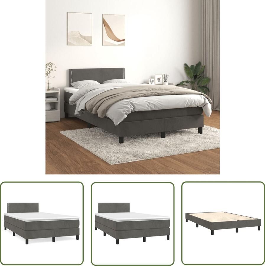 The Living Store Boxspringbed Donkergrijs 203x120x78 88 cm Fluweel Pocketvering Middelharde ondersteuning Huidvriendelijk topmatras Boxspringbed Donkere Kleuren Velvet Tweepersoonsbed Pocketvering