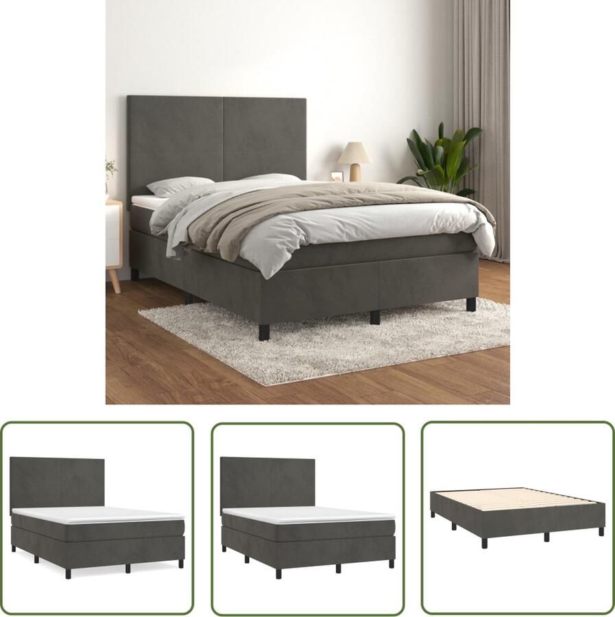 The Living Store Boxspringbed Donkergrijs Fluweel 140x200cm Middelharde ondersteuning Boxspringbed Donkere Kleuren Velvet Tweepersoonsbed Hoofdbord