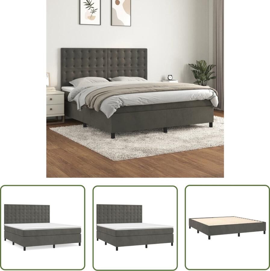 The Living Store Boxspringbed Donkergrijs Fluwelen stof Verstelbaar hoofdbord Pocketvering matras Middelharde ondersteuning Huidvriendelijk topmatras 203x180x118 128 cm