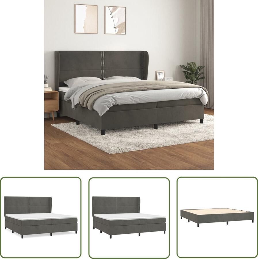 The Living Store Boxspringbed Fluweel Pocketvering Middelharde ondersteuning Huidvriendelijk Donkergrijs 203x203x118 128cm 100x200x20cm 200x200x5cm Boxspringbed Fluweel Bed Velvet Bed Tweepersoons Bed Pocketveer Matras
