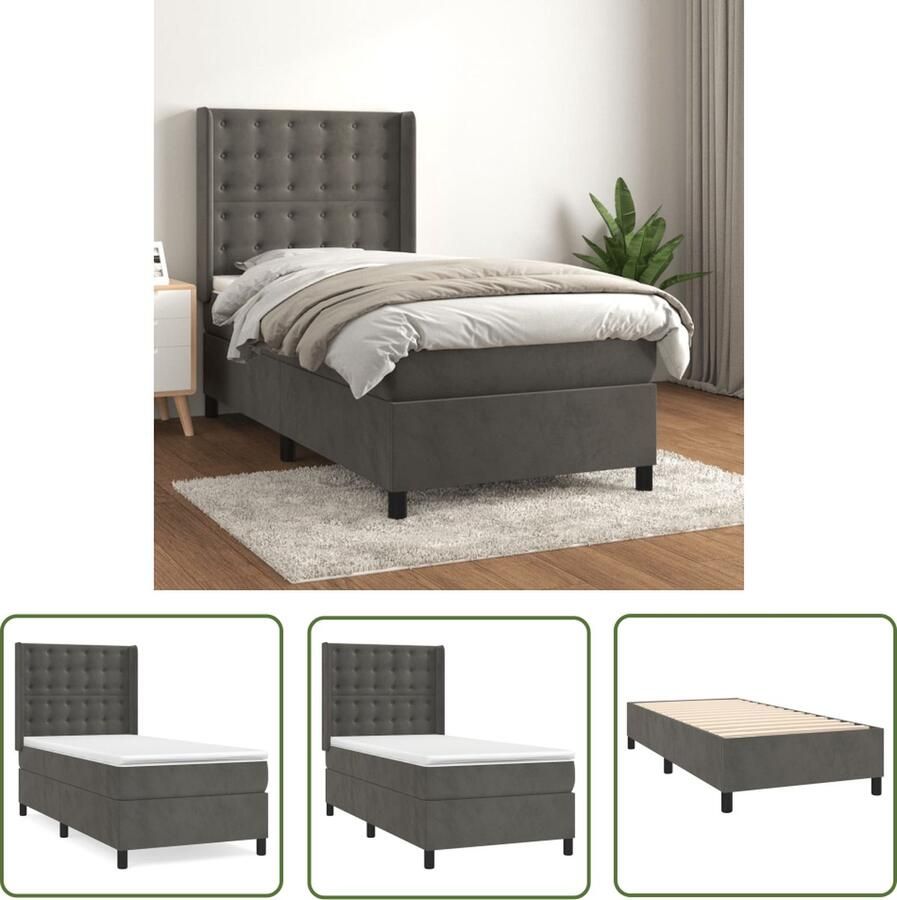 The Living Store Boxspringbed Donkergrijs fluweel 193x93x118 128 cm Pocketvering matras Middelharde ondersteuning Huidvriendelijk topmatras Boxspringbed Donkere Kleuren Velvet Meubilair Tweepersoonsbed Pocketveer Matras