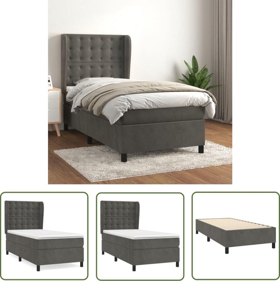 The Living Store Boxspringbed Donkergrijs fluweel 203x93x118 128 cm Pocketvering matras Middelharde ondersteuning Huidvriendelijk topmatras Boxspringbed Donkere Kleuren Velvet Bed Tweepersoonsbed Pocketveer Matras