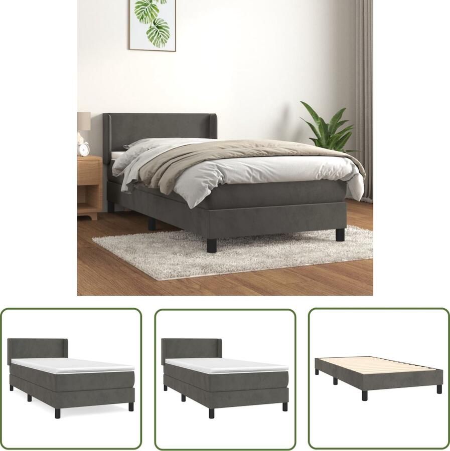 The Living Store Boxspringbed Donkergrijs fluweel Matras met pocketvering Middelharde ondersteuning Huidvriendelijk topmatras Afmetingen- 203 x 93 x 78 88 cm Boxspringbed Donkere Kleuren Velvet Bed Tweepersoonsbed Boxspring Frame