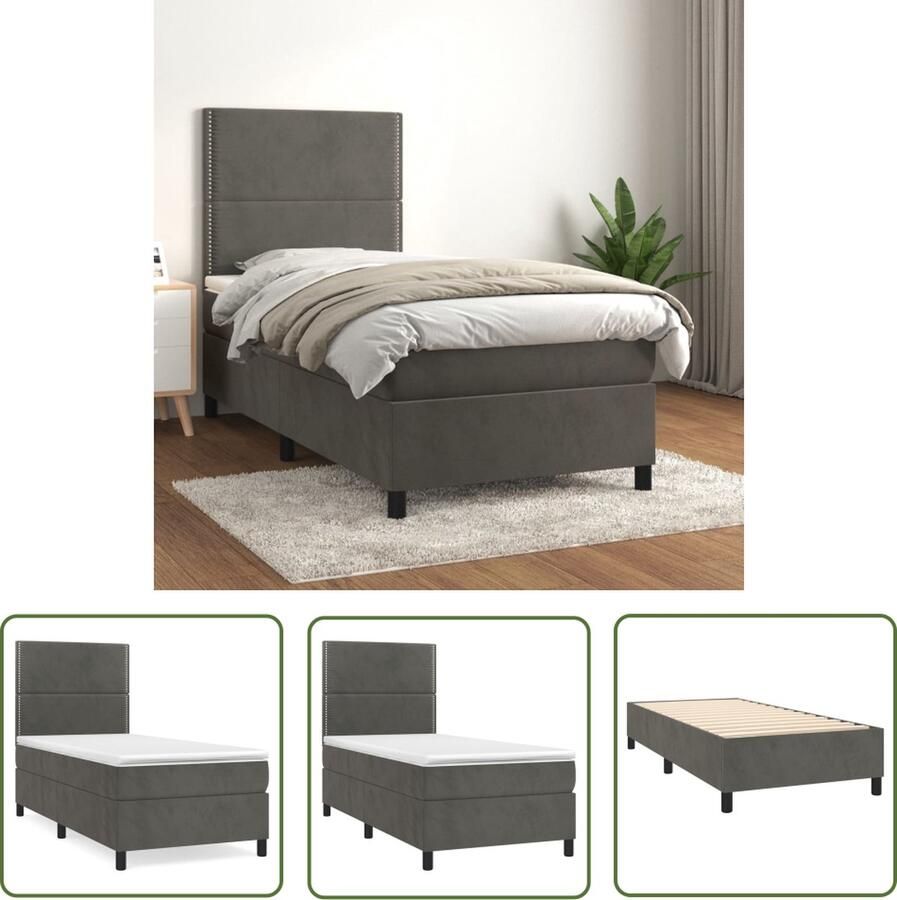 The Living Store Boxspringbed Donkergrijs 203 x 90 x 118 128 cm Fluweel Verstelbaar Pocketvering Middelhard Huidvriendelijk Inclusief matras en topmatras