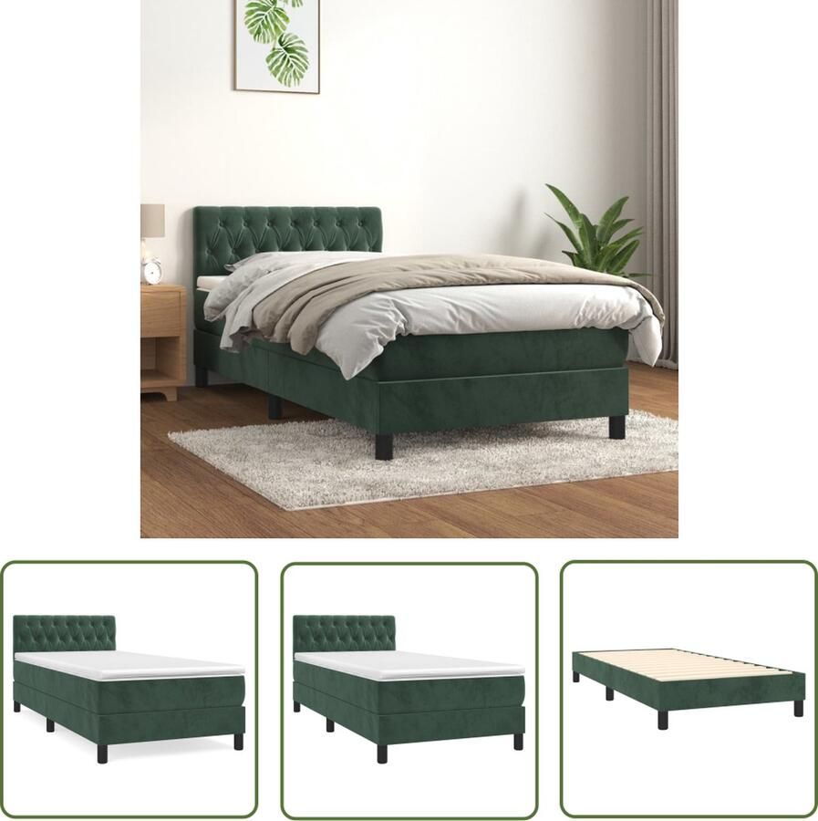 The Living Store Boxspringbed Zacht fluweel Praktisch hoofdbord Pocketvering matras Middelharde ondersteuning Huidvriendelijk topmatras Kleur- donkergroen Afmetingen- 203 x 90 x 78 88 cm