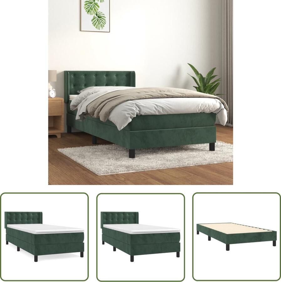 The Living Store Boxspringbed Donkergroen Fluweel 193x93x78 88cm Pocketvering matras Middelharde ondersteuning Huidvriendelijk topmatras Boxspringbed Donkere Kleuren Velvet Bed Slaapcomfort Luxe Bed