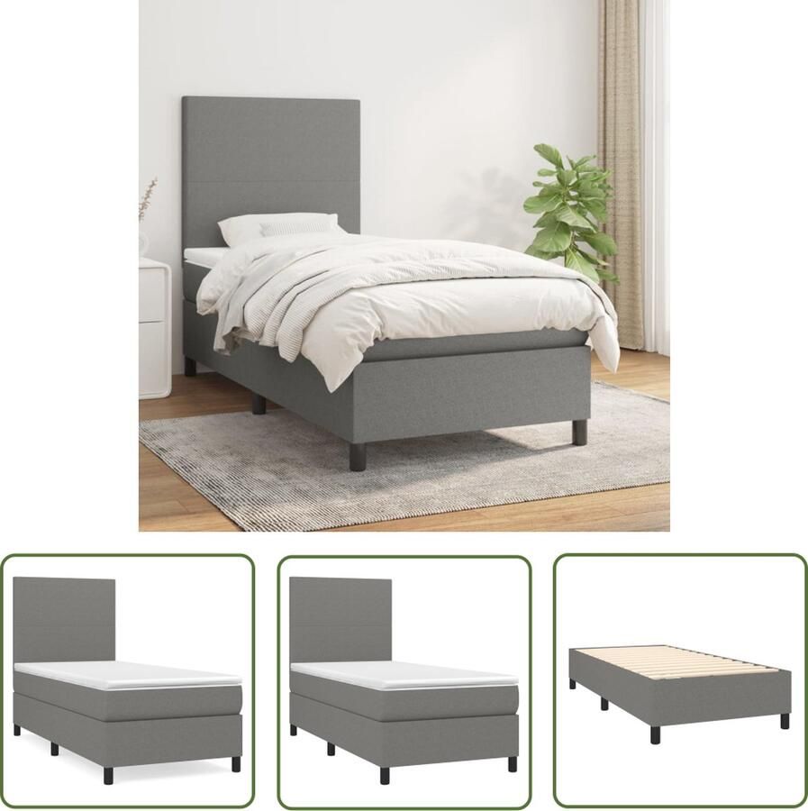 The Living Store Boxspringbed Donkergrijs 203x83x118 128 cm Pocketvering matras 80x200x20 cm Huidvriendelijk topmatras 80x200x5 cm Boxspringbed Donkere Kleuren Tweepersoonsbed Pocketveermatras Adjustable Headboard