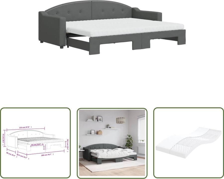 The Living Store Slaapbank onderschuifbed matrassen 80x200 cm stof donkergrijs Slaapbank Donkere Kleuren Kanapé-bed Multifunctioneel Meubilair Twee Persoonsbed