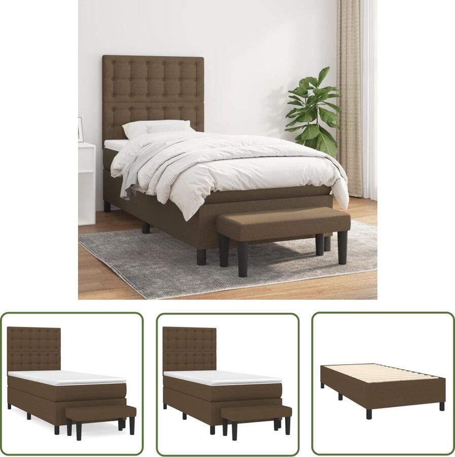The Living Store Boxspringbed Donkerbruin 203 x 90 x 118 128 cm Hoogte verstelbaar hoofdbord Pocketvering matras Middelharde ondersteuning Huidvriendelijk topmatras Multifunctioneel bankje