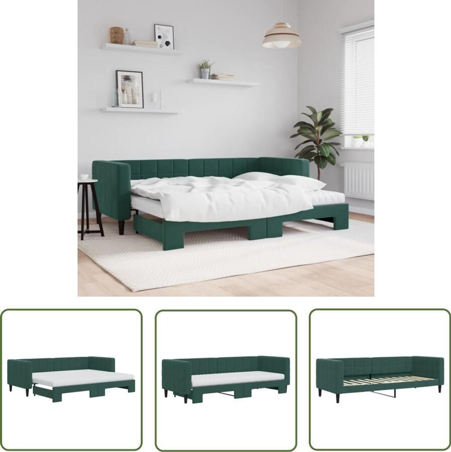 The Living Store Slaapbank onderschuifbed matrassen 80x200cm fluweel donkergroen Slaapbank Donkere Meubels Tweepersoons Bank Schuifbed Sofa Bed