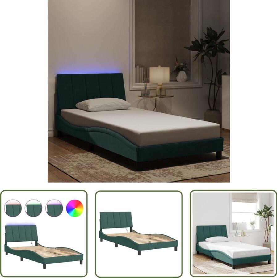 VidaXL Donkergroen Bed Fluweel Bed Frame Bedframe met LED zonder matras Hanko fluweel donkergroen 100x200 cm Led Verlichting Bed King Size Bed Tweepersoons Bed