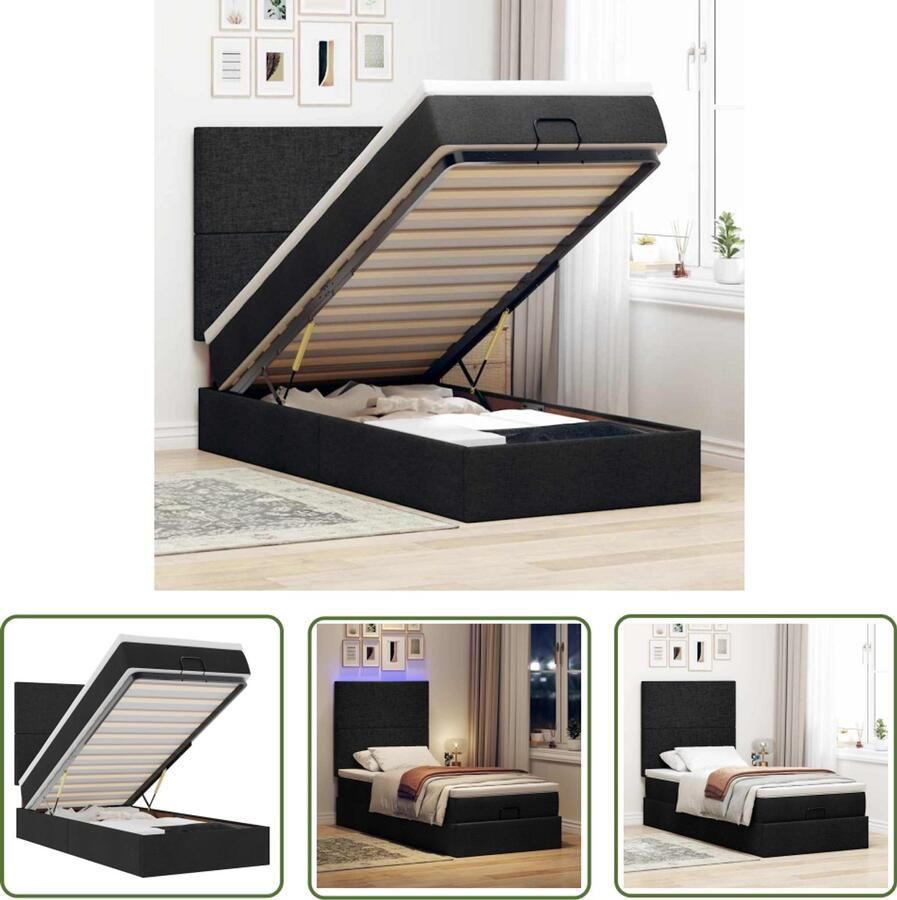 VidaXL Slaapbank Bedpoef Bed poef met matras en LED's 80x200 cm stof zwart Boxspring Tweepersoonsbed Stapelbaar Bed
