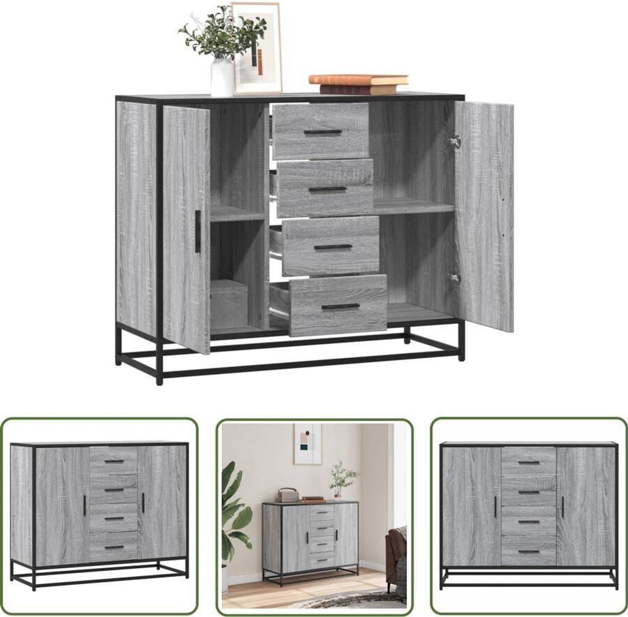 The Living Store Dressoir 92x35x76 cm bewerkt hout grijs sonoma eikenkleurig Dressoir Opbergkast Salontafel Grijze Kast Houten Dressoir