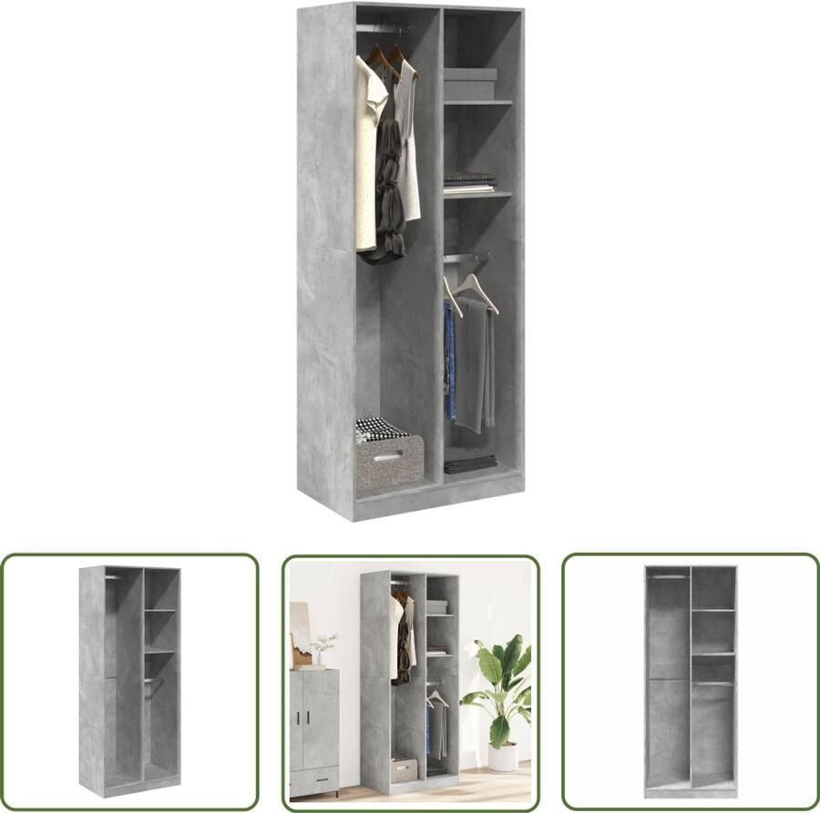 The Living Store Kledingkast 80x50x200 cm bewerkt hout betongrijs Kledingkast Dressoir Bergruimte Houten Kast Betongrijs