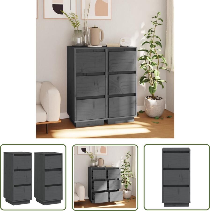 The Living Store Dressoirs 2 st 32x34x75 cm massief grenenhout grijs Bijzettafel Dressoir Massief Hout Grensenvloer Vintage Stijl