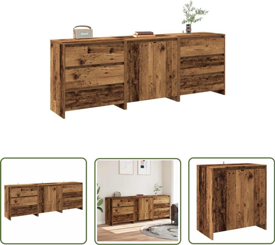 The Living Store 3-delige Dressoirs bewerkt hout oud houtkleurig Opbergkast Houten Kast Keukenkast Dressoir Vintage Stijl