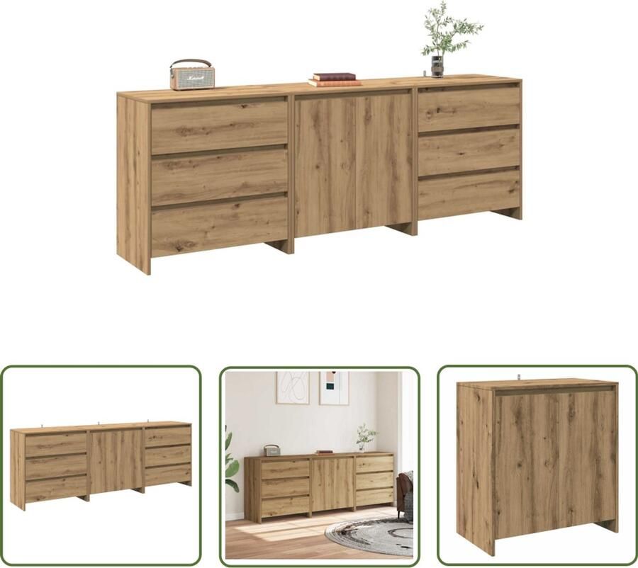 VidaXL Dressoirset Dessoir 3-delige Dressoirs bewerkt hout artisanaal eikenkleur Houten Dressoir Artisanaal Eiken Opberg Kast