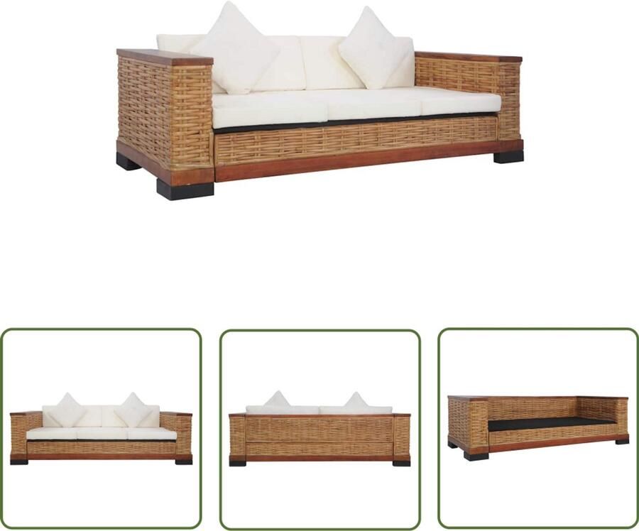 The Living Store Rattan Driezitsbank Bruin 191 x 78 x 66 cm Natuurlijk rattan Verwijderbare kussenhoezen Rattan Bank Drie Persoons Bank Salontafel Living Room Furniture Lounge Meubels - Foto 2