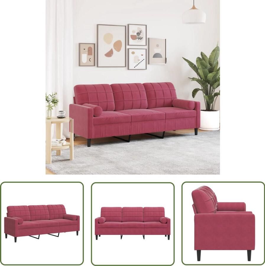 The Living Store Driezitsbank met sierkussens 180 cm stof wijnrood Comfortabele Bank Driepersoonsbank Velours Bank Rode Bank Salontafel