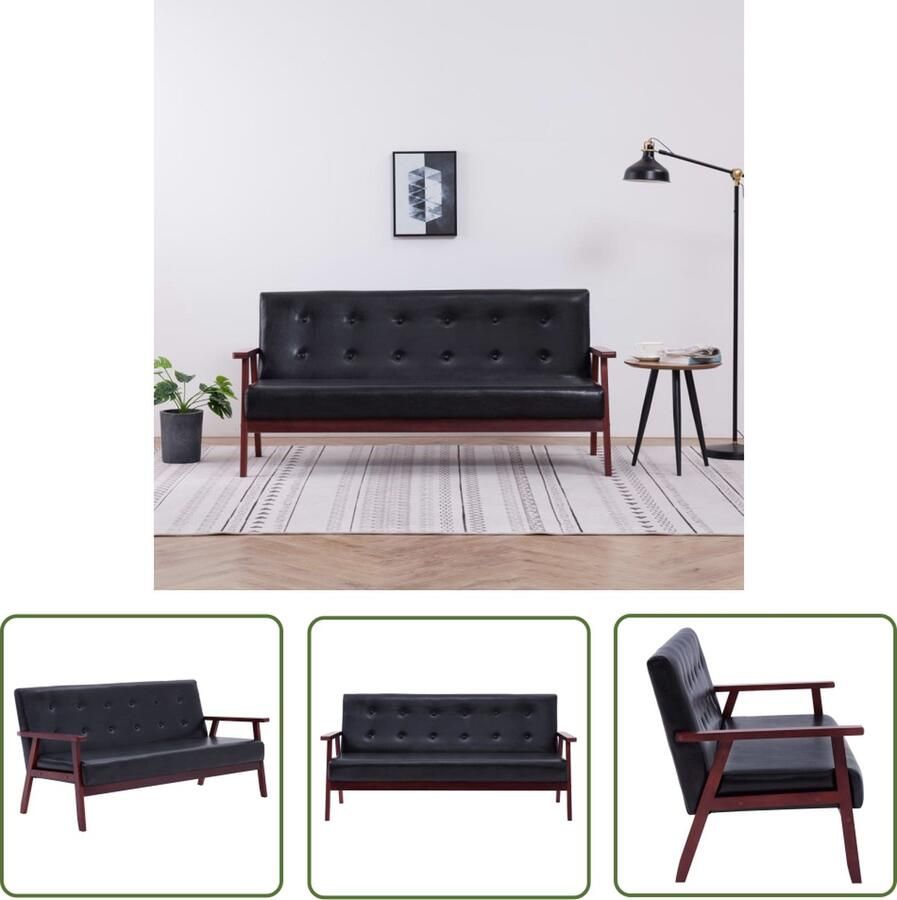 The Living Store Retro Driezitsbank Kunstleer Stabiel Houten Frame Zwart Retro Bank Driezitsbank Banks Kopen Lounge Meubels Zwart Lederlook - Foto 2