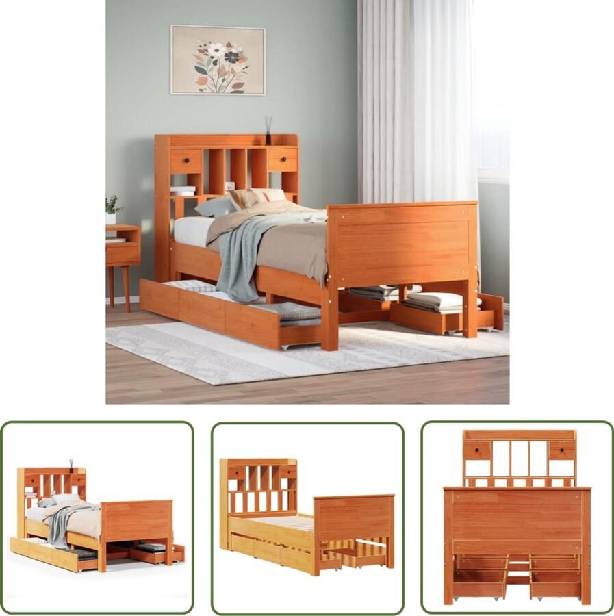 VidaXL Dynamische Sleutel Draaibare Sleutel Bed met boekenkast zonder matras grenenhout wasbruin 100x200 cm Torque Wrench Gereedschapset Mechanica Tools