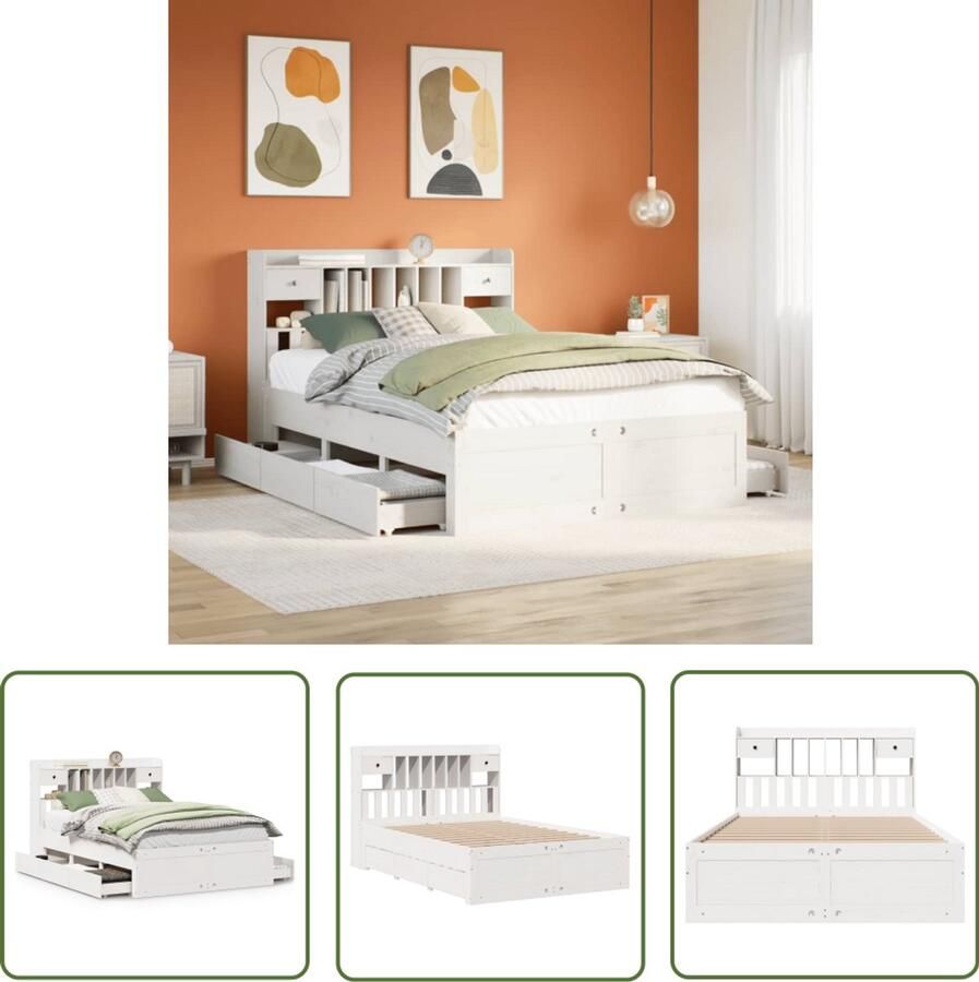 VidaXL Dynamische Sleutel Draaibare Sleutel Bed met boekenkast zonder matras grenenhout wit 150x200 cm Gereedschapset Mechanica Tools Draai Moment