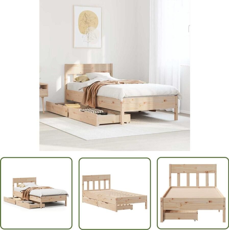 The Living Store Bedframe zonder matras massief grenenhout 90x200 cm Massief Houten Bed Eenpersoons Bed Bedframe Met Laden Hout Bed Grenenhouten Bed