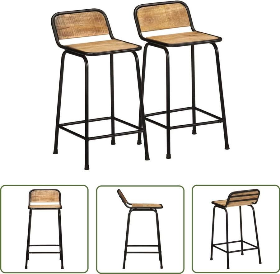 The Living Store Barkrukken 2 st 46x35 5x80 cm massief hout ruw mango Barkrukken Eetkamerstoelen Houten Barkrukken Industrieel Design Vintage Barkrukken