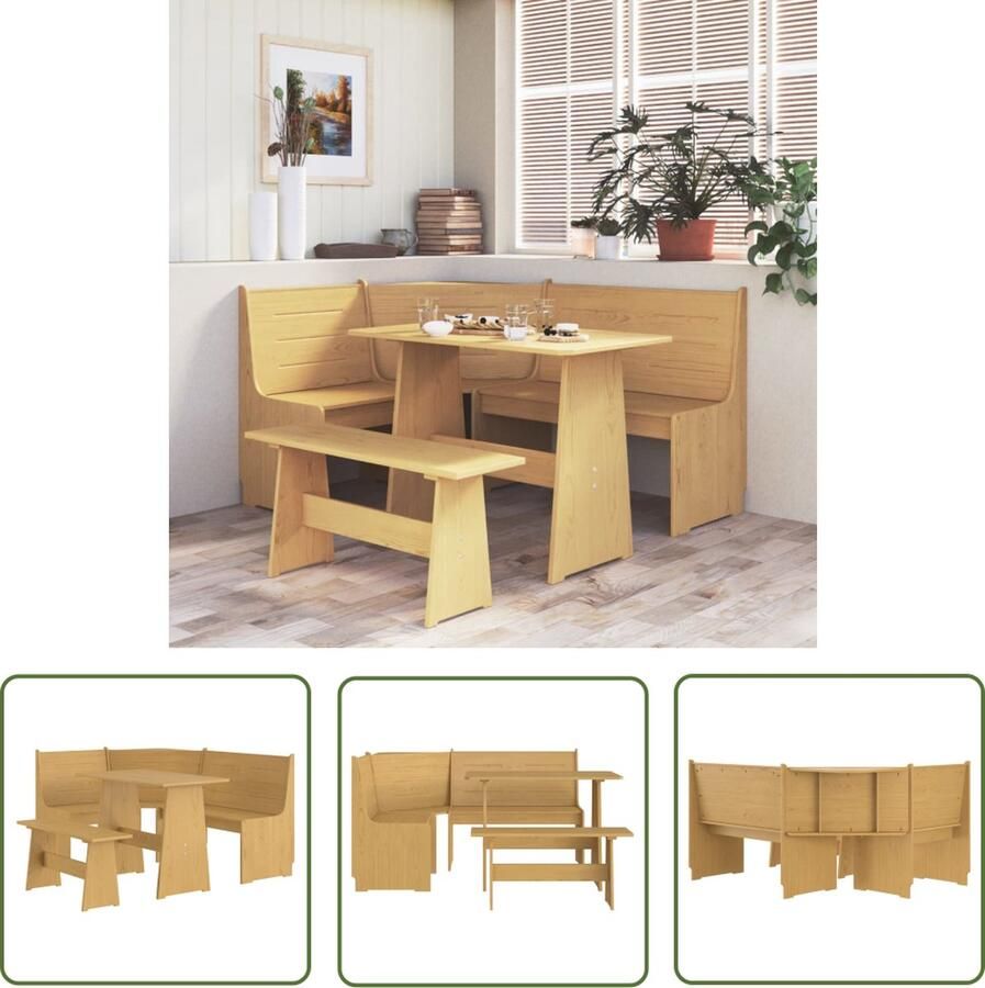 VidaXL Eettafel Eetkamerstoel 3-delige Eethoek REINE massief grenenhout honingbruin Houten Meubels Grenenhout Honingbruin