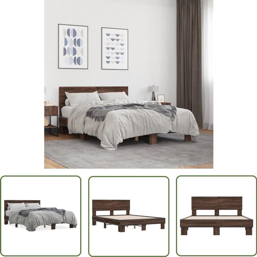 VidaXL Eiken Kleurige Bed Bruin Houten Bed Frame Bedframe bewerkt hout metaal bruin eikenkleur 140x200 cm Tweepersoons Bed 140x200 Bed Met Lattenbodem