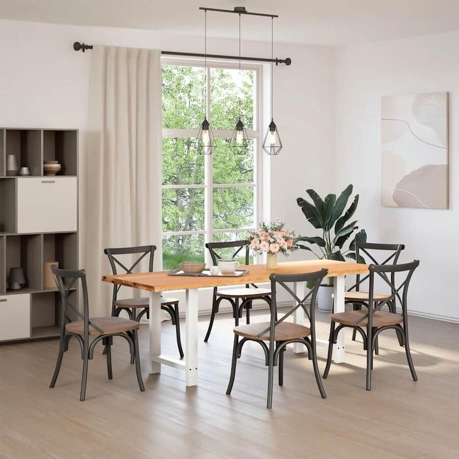 The Living Store Eettafel met natuurlijke rand 220x80x74 cm massief eikenhout Eetkamertafel Eikenhouten Tafel Massief Eikenhout Grote Tafel Stalen Onderstel