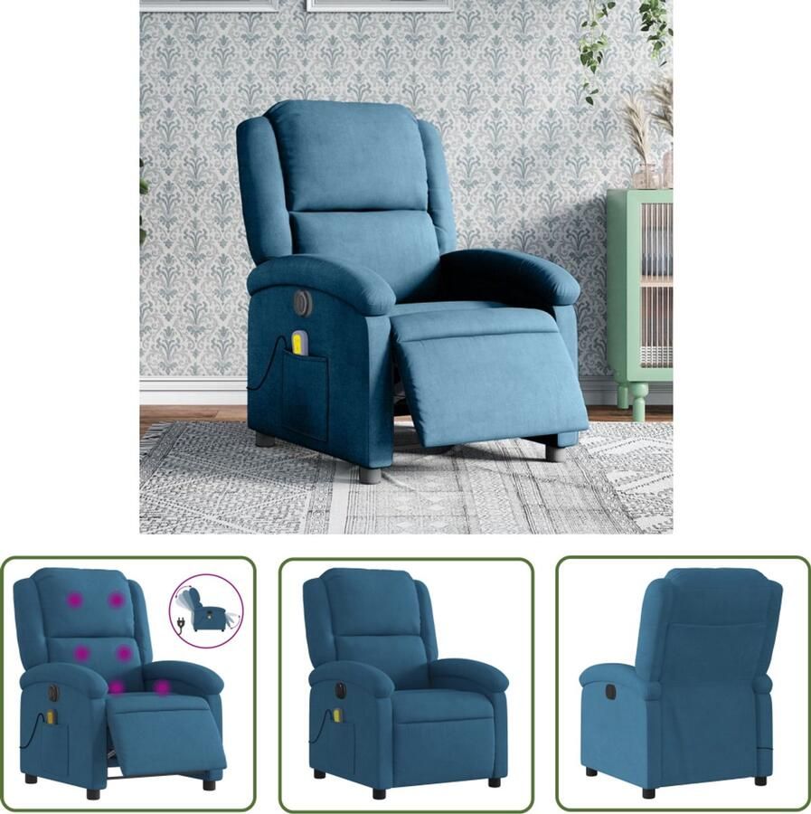 VidaXL Massagestoel elektrisch verstelbaar fluweel blauw Massagestoel Elektrische Fauteuil Massagebank Ergonomische Stoel Wellnessstoel